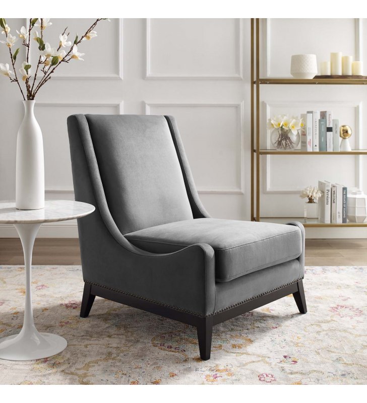 Confident Accent Upholstered Performance Velvet Lounge Chair in Gray - Lexmod