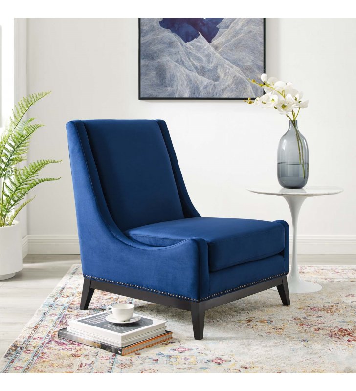 Confident Accent Upholstered Performance Velvet Lounge Chair in Navy - Lexmod
