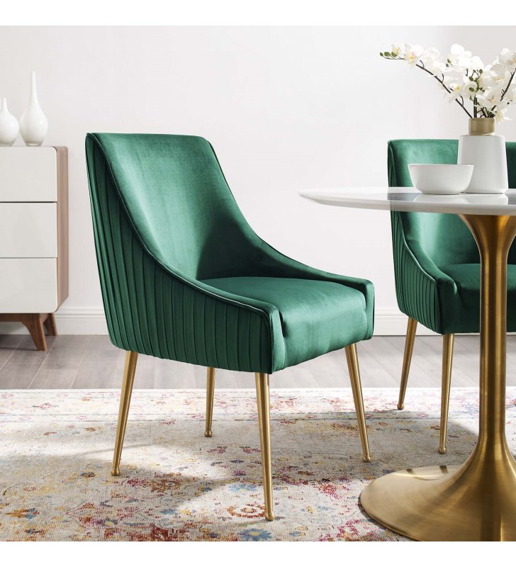 Discern Pleated Back Upholstered Performance Velvet Dining Chair in Green - Lexmod