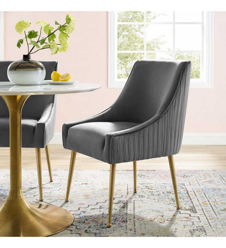 Discern Pleated Back Upholstered Performance Velvet Dining Chair in Gray - Lexmod