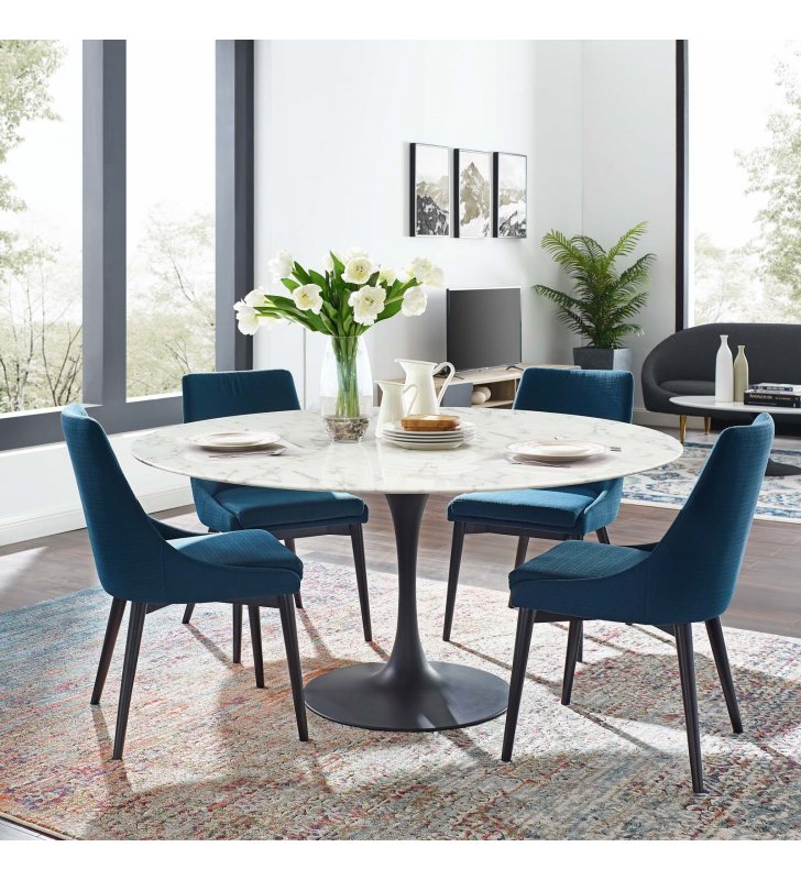 Lippa 60" Round Artificial Marble Dining Table in Black White - Lexmod