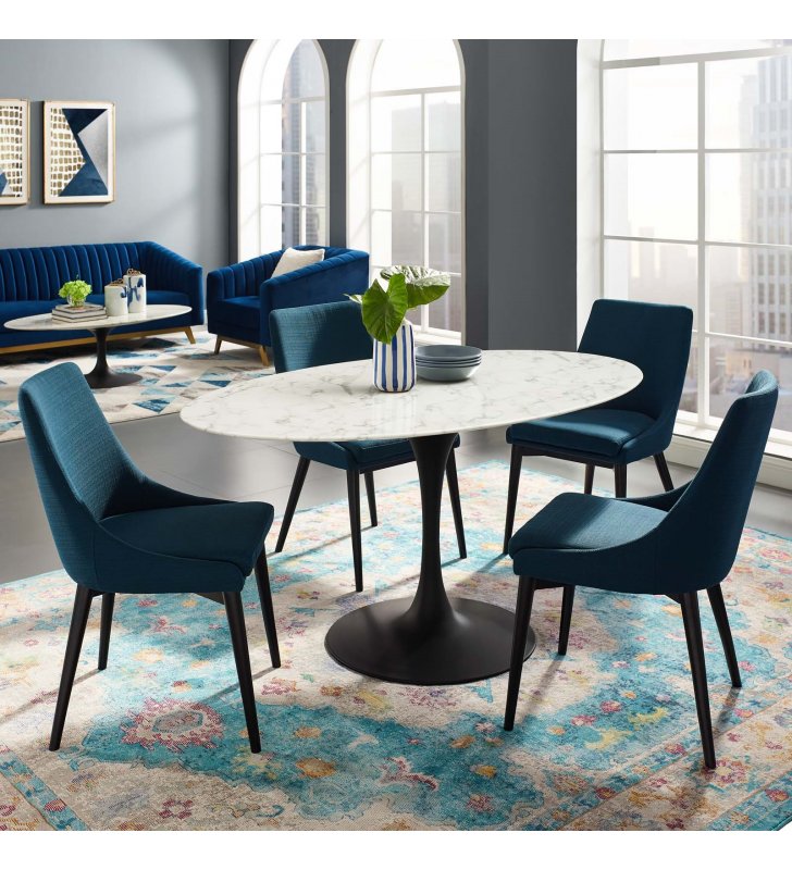 Lippa 60" Oval Artificial Marble Dining Table in Black White - Lexmod