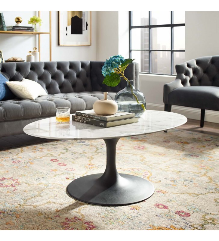 Lippa 42" Oval-Shaped Artificial Marble Coffee Table in Black White - Lexmod