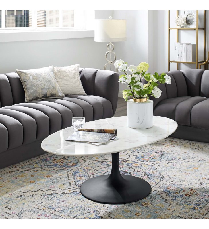 Lippa 48" Oval-Shaped Artificial Marble Coffee Table in Black White - Lexmod