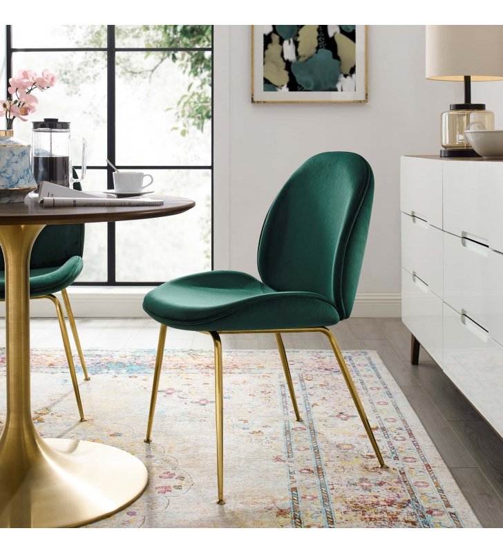 Scoop Gold Stainless Steel Leg Performance Velvet Dining Chair in Green - Lexmod
