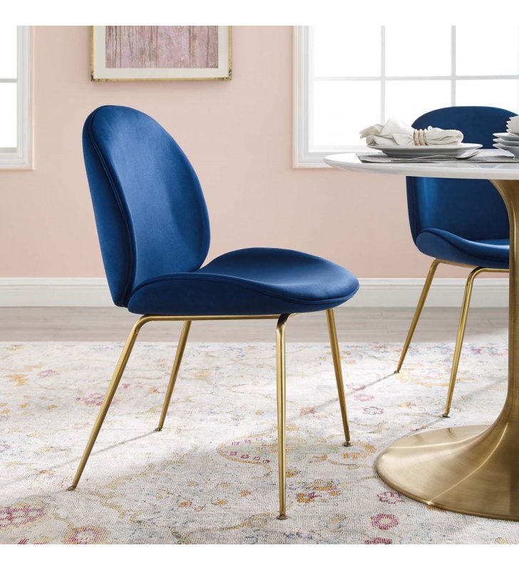 Scoop Gold Stainless Steel Leg Performance Velvet Dining Chair in Navy - Lexmod