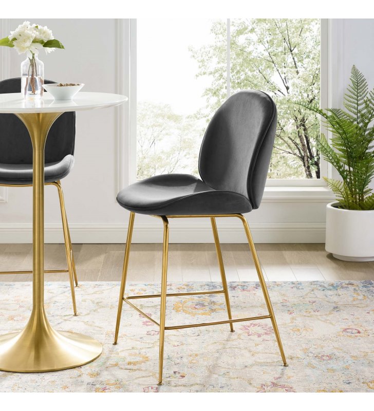Scoop Gold Stainless Steel Leg Performance Velvet Counter Stool in Gray - Lexmod