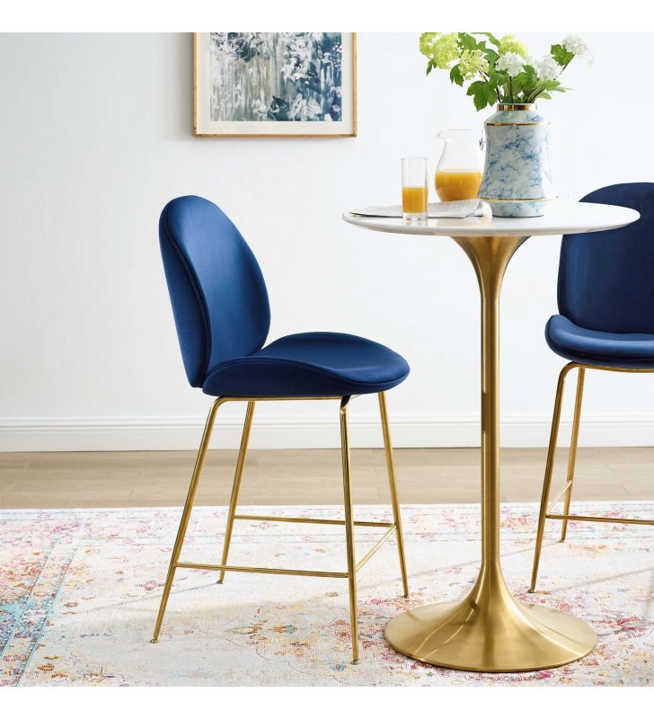 Scoop Gold Stainless Steel Leg Performance Velvet Counter Stool in Navy - Lexmod