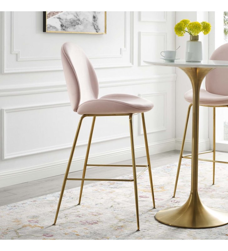 Scoop Gold Stainless Steel Leg Performance Velvet Bar Stool in Pink - Lexmod