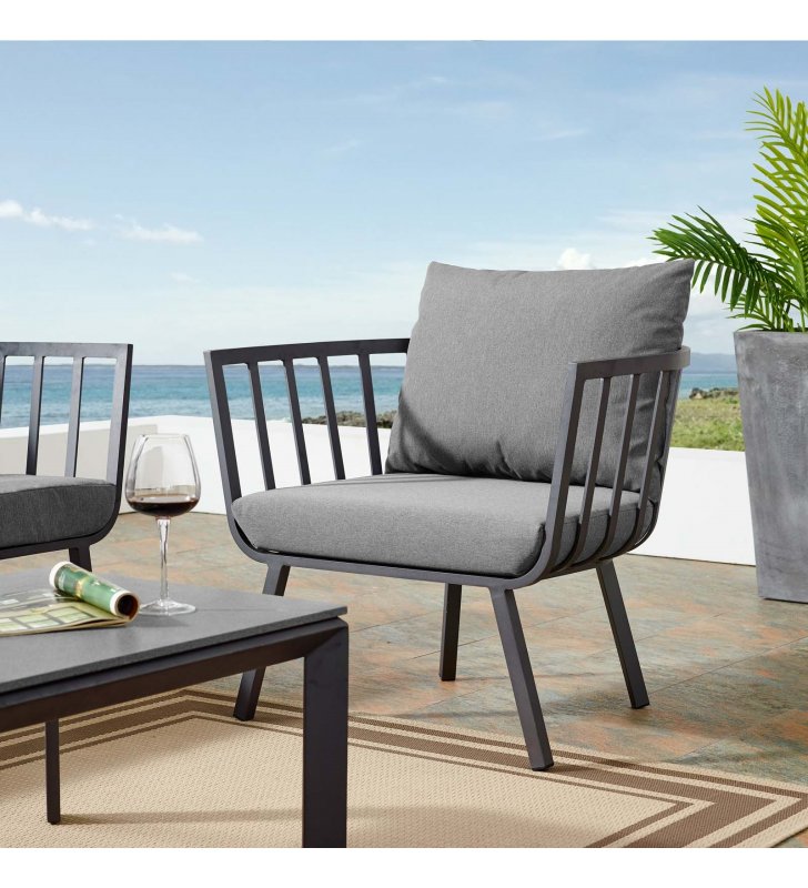 Riverside Outdoor Patio Aluminum Armchair in Gray Charcoal - Lexmod