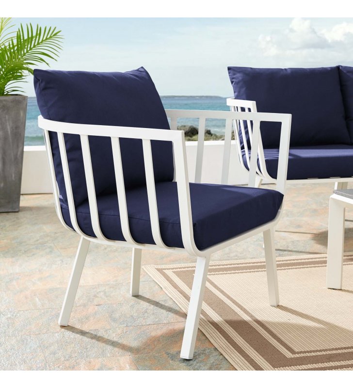 Riverside Outdoor Patio Aluminum Armchair in White Navy - Lexmod
