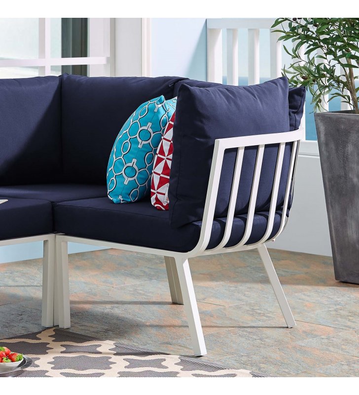 Riverside Outdoor Patio Aluminum Corner Chair in White Navy - Lexmod
