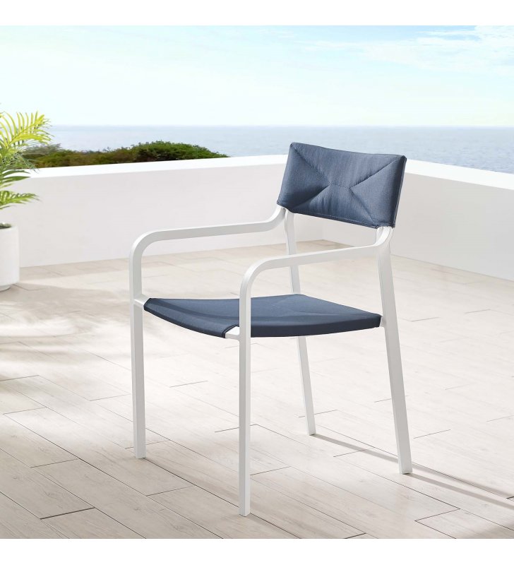 Raleigh Stackable Outdoor Patio Aluminum Dining Armchair in White Navy - Lexmod