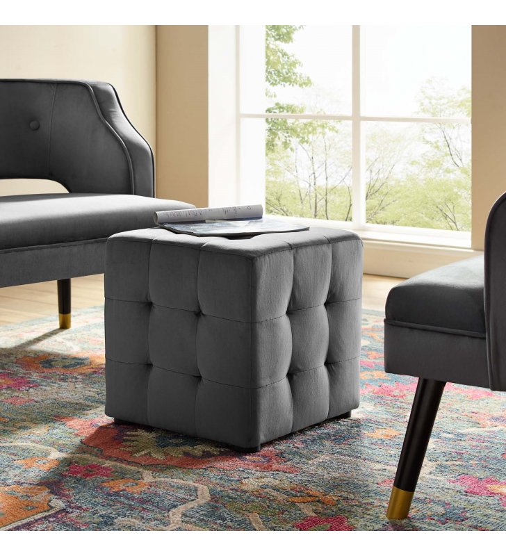 Contour Tufted Cube Performance Velvet Ottoman in Gray - Lexmod