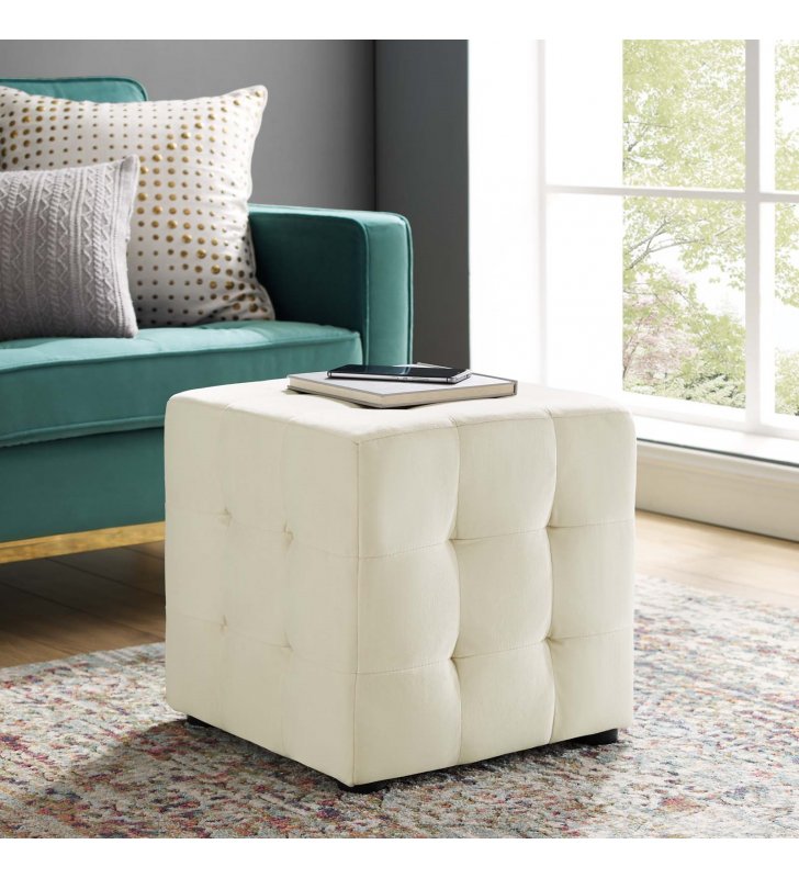 Contour Tufted Cube Performance Velvet Ottoman in Ivory - Lexmod