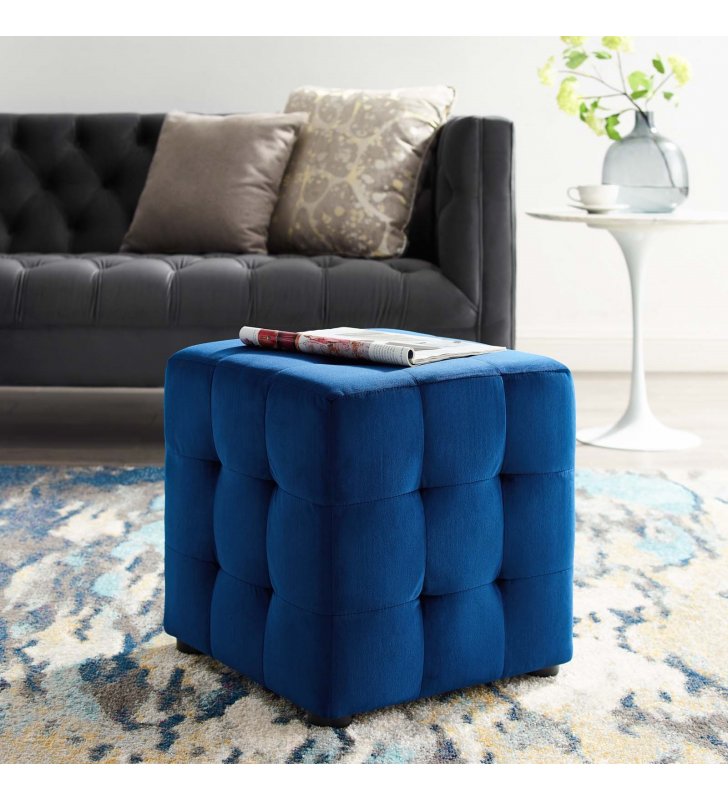 Contour Tufted Cube Performance Velvet Ottoman in Navy - Lexmod