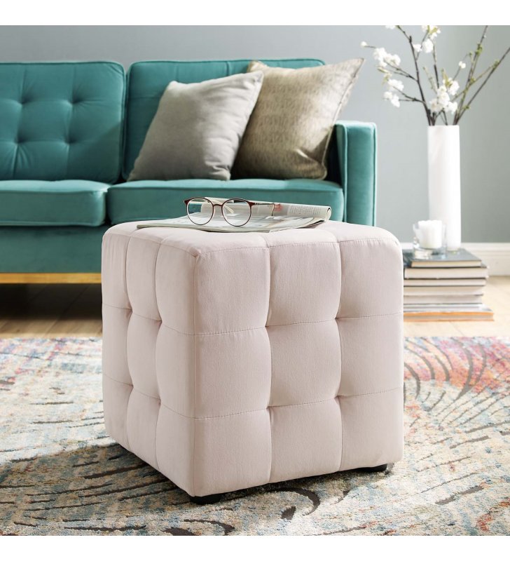 Contour Tufted Cube Performance Velvet Ottoman in Pink - Lexmod