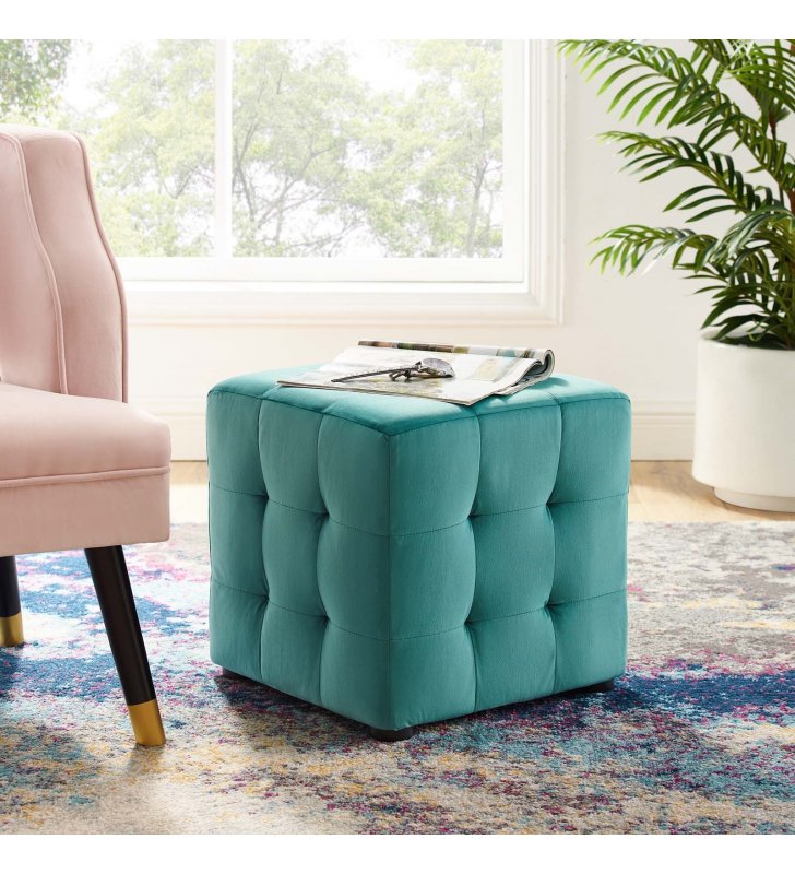 Contour Tufted Cube Performance Velvet Ottoman in Teal - Lexmod