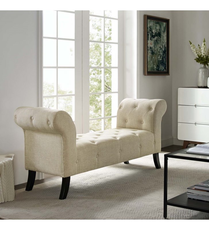 Evince Button Tufted Accent Upholstered Fabric Bench in Beige - Lexmod