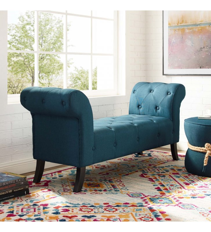 Evince Button Tufted Accent Upholstered Fabric Bench in Blue - Lexmod