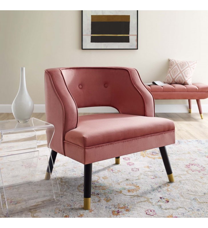 Traipse Button Tufted Open Back Performance Velvet Armchair in Dusty Rose - Lexmod