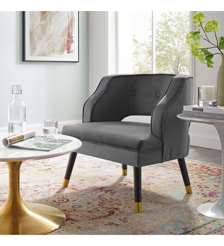 Traipse Button Tufted Open Back Performance Velvet Armchair in Gray - Lexmod