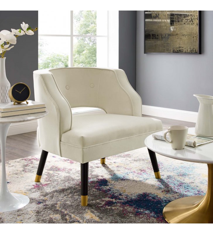 Traipse Button Tufted Open Back Performance Velvet Armchair in Ivory - Lexmod