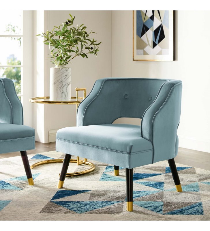 Traipse Button Tufted Open Back Performance Velvet Armchair in Light Blue - Lexmod