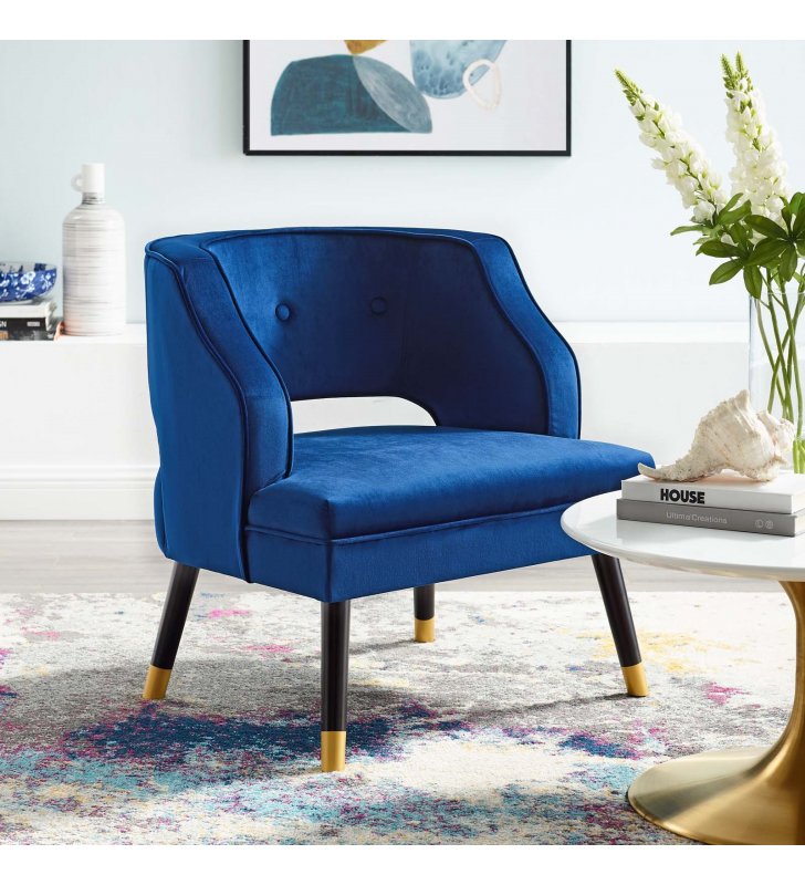 Traipse Button Tufted Open Back Performance Velvet Armchair in Navy - Lexmod