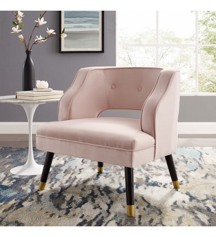 Traipse Button Tufted Open Back Performance Velvet Armchair in Pink - Lexmod