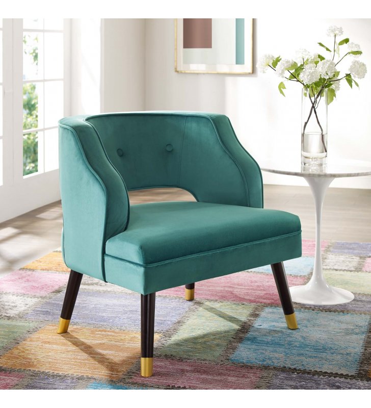 Traipse Button Tufted Open Back Performance Velvet Armchair in Teal - Lexmod