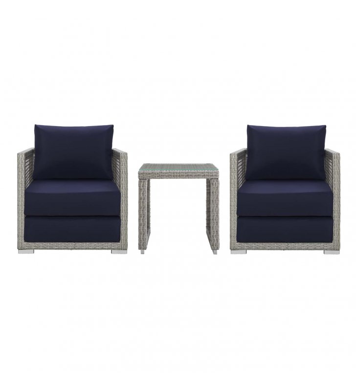 Aura 3 Piece Outdoor Patio Wicker Rattan Set in Gray Navy - Lexmod