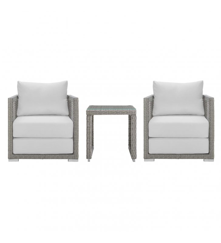 Aura 3 Piece Outdoor Patio Wicker Rattan Set in Gray White - Lexmod
