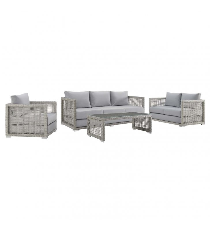 Aura 4 Piece Outdoor Patio Wicker Rattan Set in Gray Gray - Lexmod
