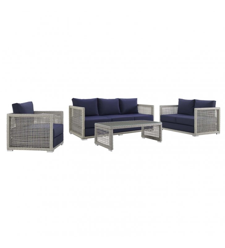 Aura 4 Piece Outdoor Patio Wicker Rattan Set in Gray Navy - Lexmod