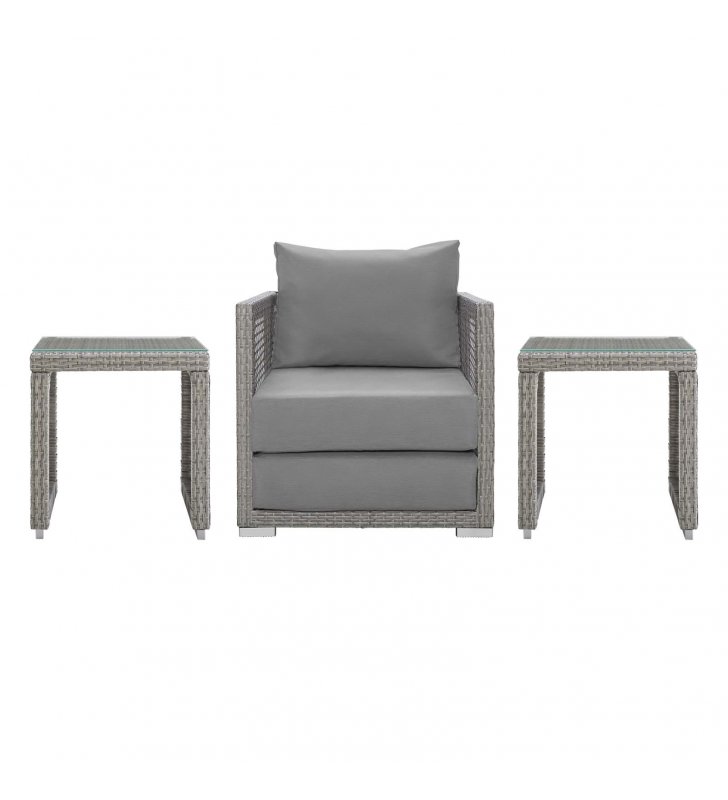 Aura 3 Piece Outdoor Patio Wicker Rattan Set in Gray Gray - Lexmod