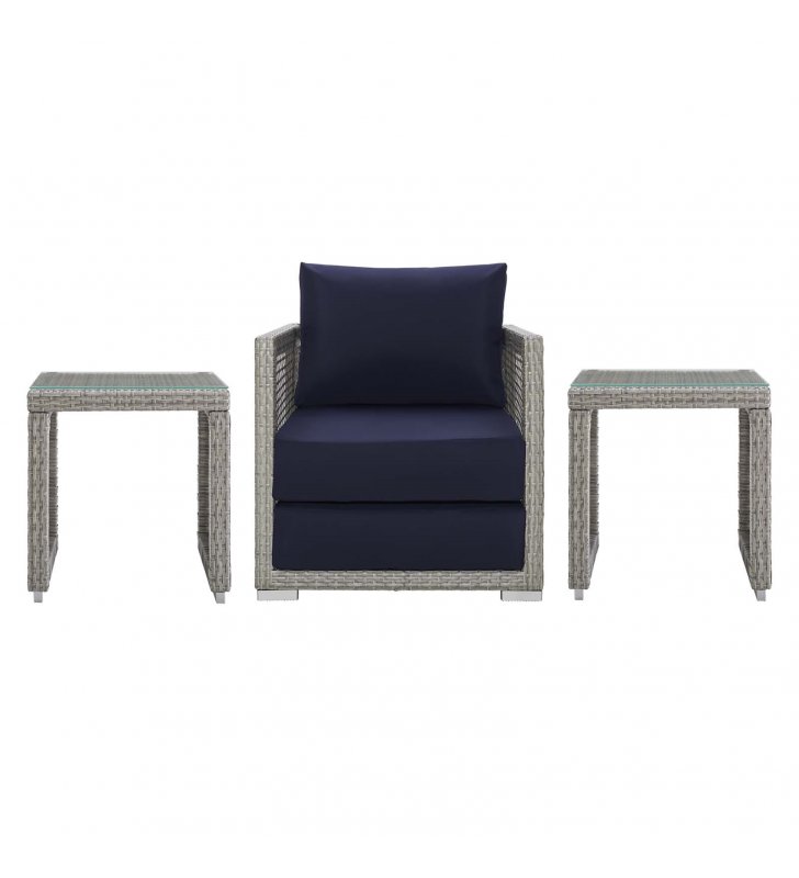 Aura 3 Piece Outdoor Patio Wicker Rattan Set in Gray Navy - Lexmod