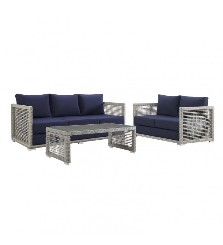 Aura 3 Piece Outdoor Patio Wicker Rattan Set in Gray Navy - Lexmod