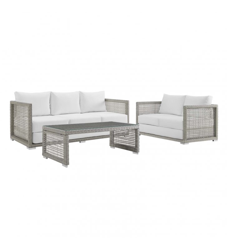 Aura 3 Piece Outdoor Patio Wicker Rattan Set in Gray White - Lexmod