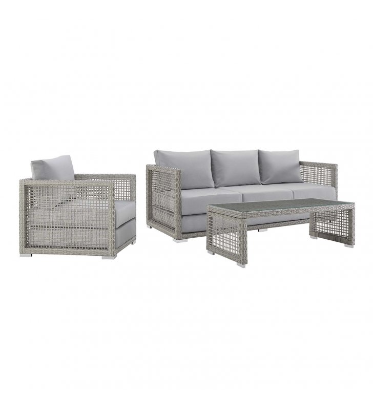 Aura 3 Piece Outdoor Patio Wicker Rattan Set in Gray Gray - Lexmod