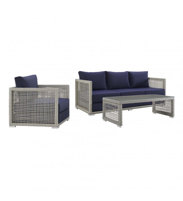 Aura 3 Piece Outdoor Patio Wicker Rattan Set in Gray Navy - Lexmod