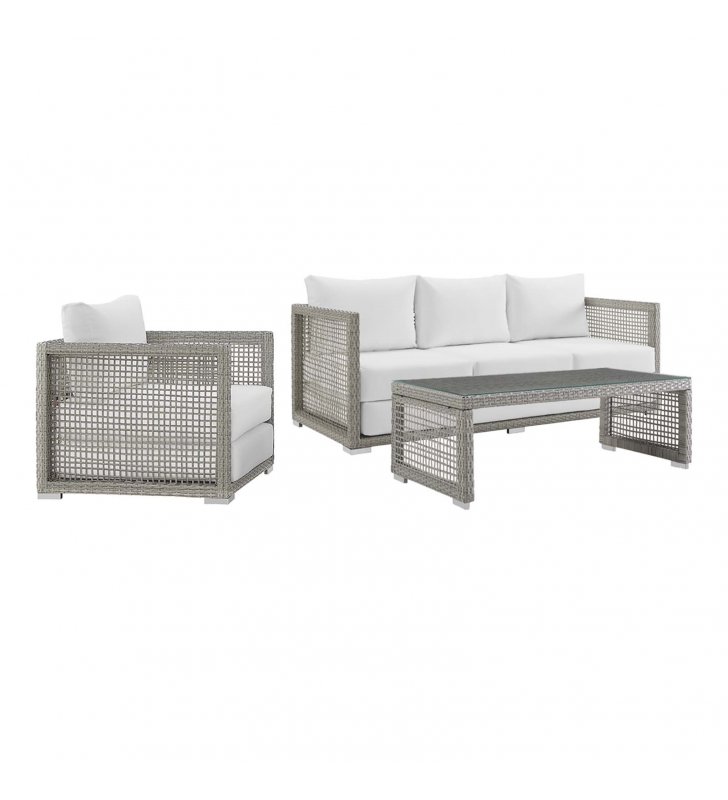 Aura 3 Piece Outdoor Patio Wicker Rattan Set in Gray White - Lexmod
