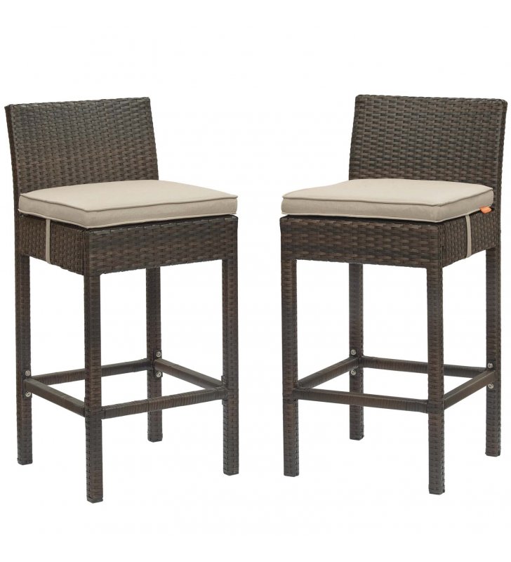 Conduit Bar Stool Outdoor Patio Wicker Rattan Set of 2 in Brown Beige - Lexmod