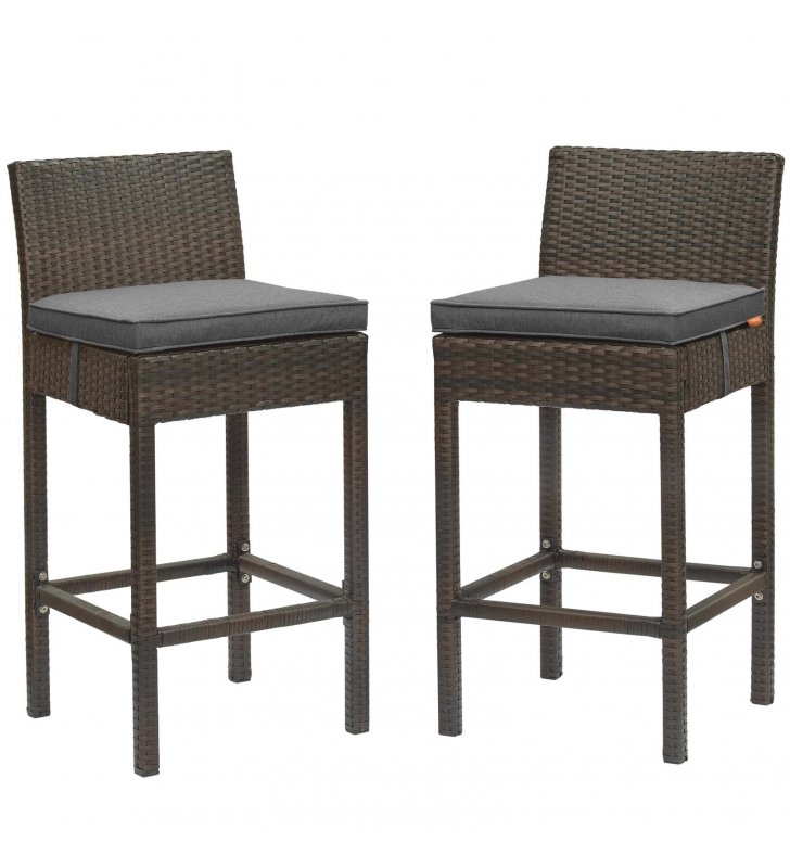 Conduit Bar Stool Outdoor Patio Wicker Rattan Set of 2 in Brown Charcoal - Lexmod