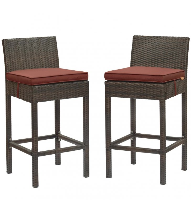 Conduit Bar Stool Outdoor Patio Wicker Rattan Set of 2 in Brown Currant - Lexmod