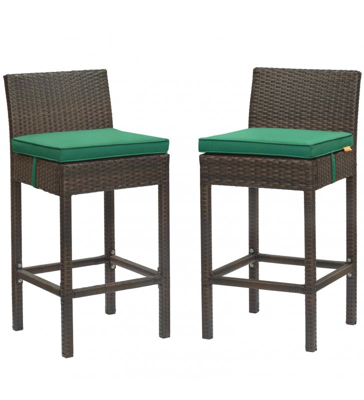 Conduit Bar Stool Outdoor Patio Wicker Rattan Set of 2 in Brown Green - Lexmod