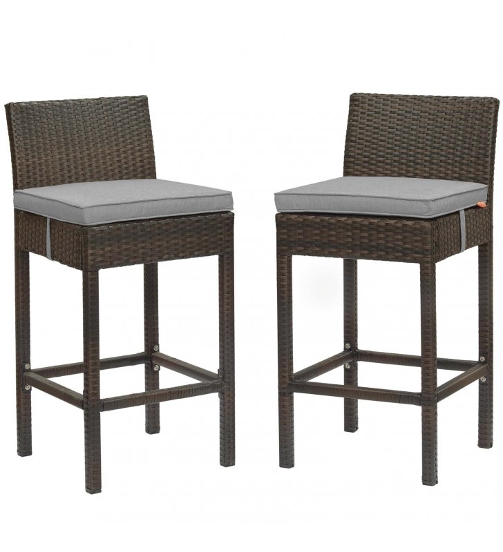 Conduit Bar Stool Outdoor Patio Wicker Rattan Set of 2 in Brown Gray - Lexmod
