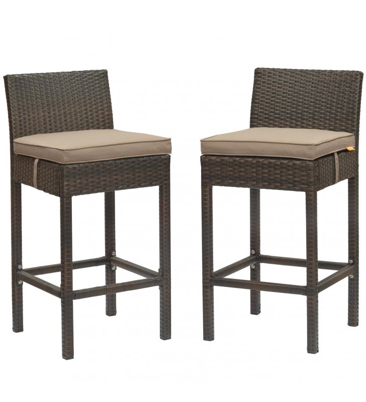 Conduit Bar Stool Outdoor Patio Wicker Rattan Set of 2 in Brown Mocha - Lexmod