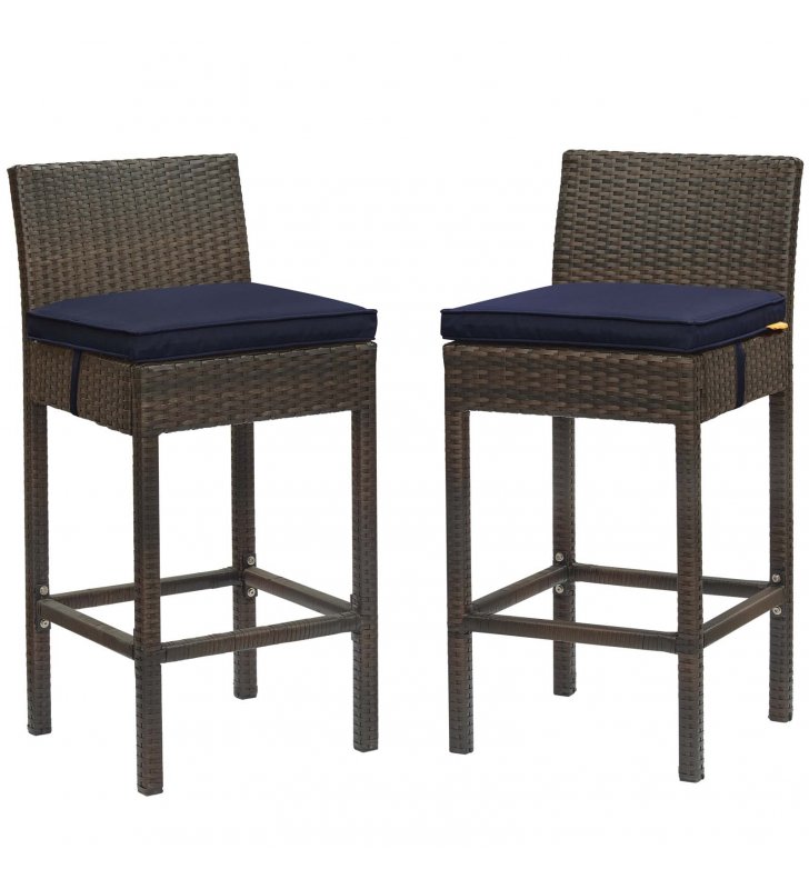 Conduit Bar Stool Outdoor Patio Wicker Rattan Set of 2 in Brown Navy - Lexmod