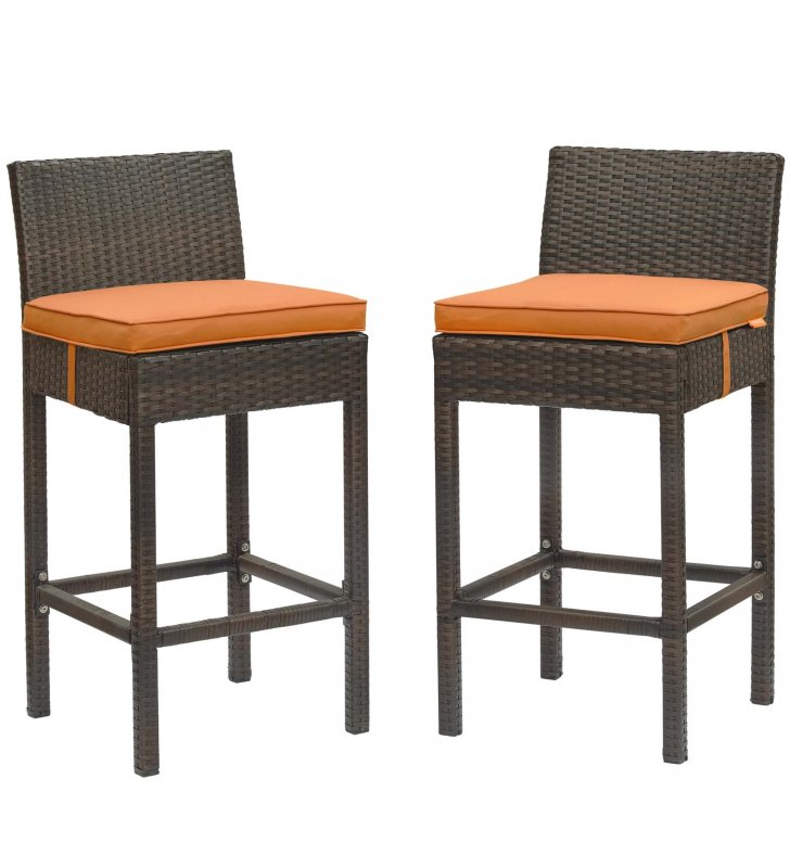 Conduit Bar Stool Outdoor Patio Wicker Rattan Set of 2 in Brown Orange - Lexmod